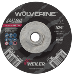 Show details for 4-1/2" x 3/32" Wolverine Type 27 Cutting Wheel, A24T, 5/8"-11 Nut Picture of 4-1/2" x 3/32" Wolverine Type 27 Cutting Wheel, A24T, 5/8"-11 Nut