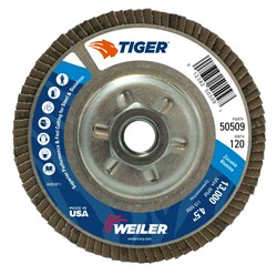 Show details for 4-1/2" Tiger Disc Abrasive Flap Disc, Conical (TY29), Aluminum Backing, 120Z, 5/8"-11 UNC Nut Picture of 4-1/2" Tiger Disc Abrasive Flap Disc, Conical (TY29), Aluminum Backing, 120Z, 5/8"-11 UNC Nut