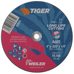 Show details for 4" x .035" TIGER AO Type 1 Cutting Wheel, A60T, 1/4" Arbor Hole Picture of 4" x .035" TIGER AO Type 1 Cutting Wheel, A60T, 1/4" Arbor Hole