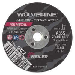 Show details for 2" x 1/8" Wolverine Type 1 Cutting Wheel, A36S, 1/4" Arbor Hole Picture of 2" x 1/8" Wolverine Type 1 Cutting Wheel, A36S, 1/4" Arbor Hole