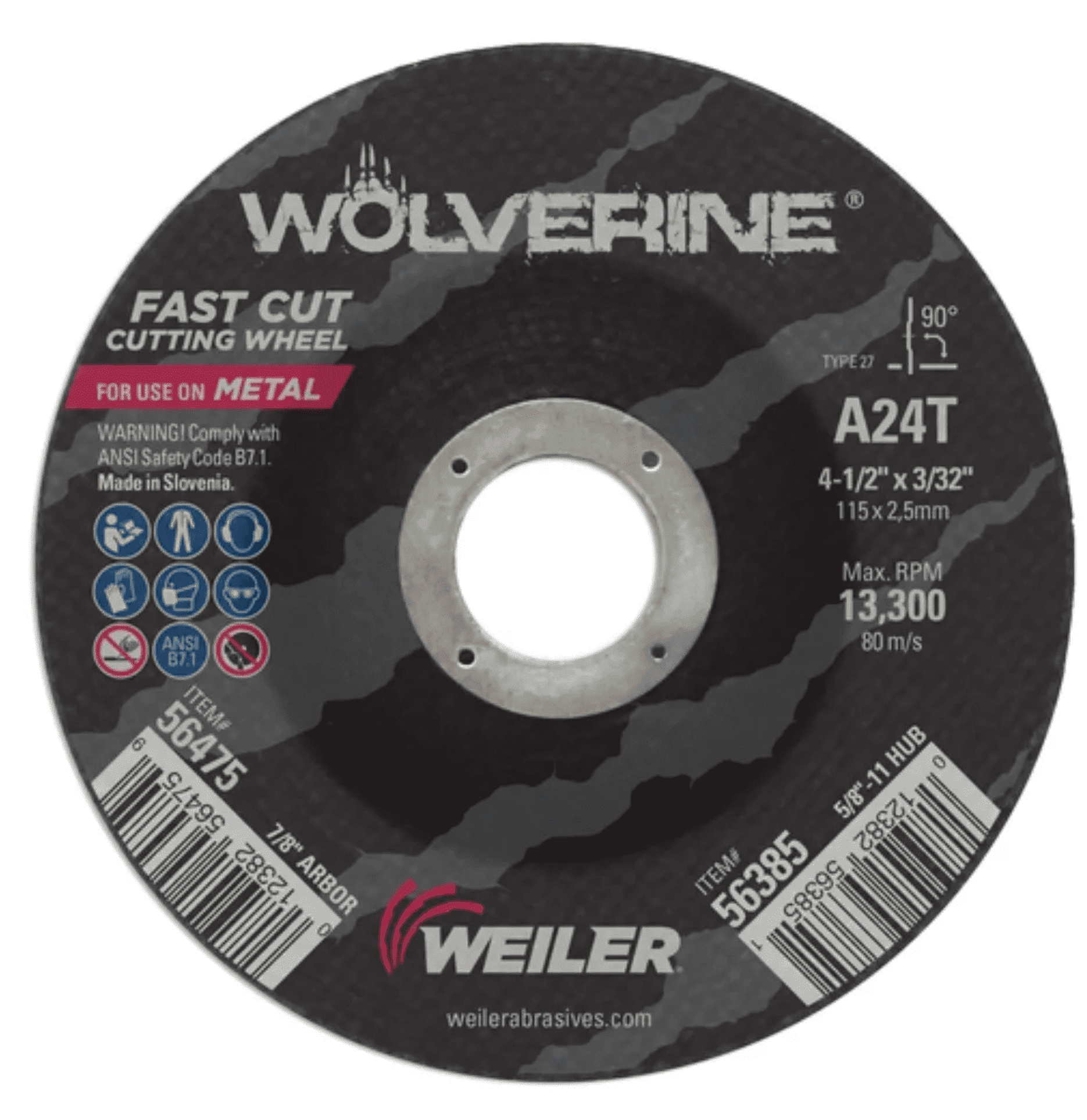 Picture of 4-1/2" x 3/32" Wolverine Type 27 Cutting Wheel, A24T, 7/8" Arbor Hole