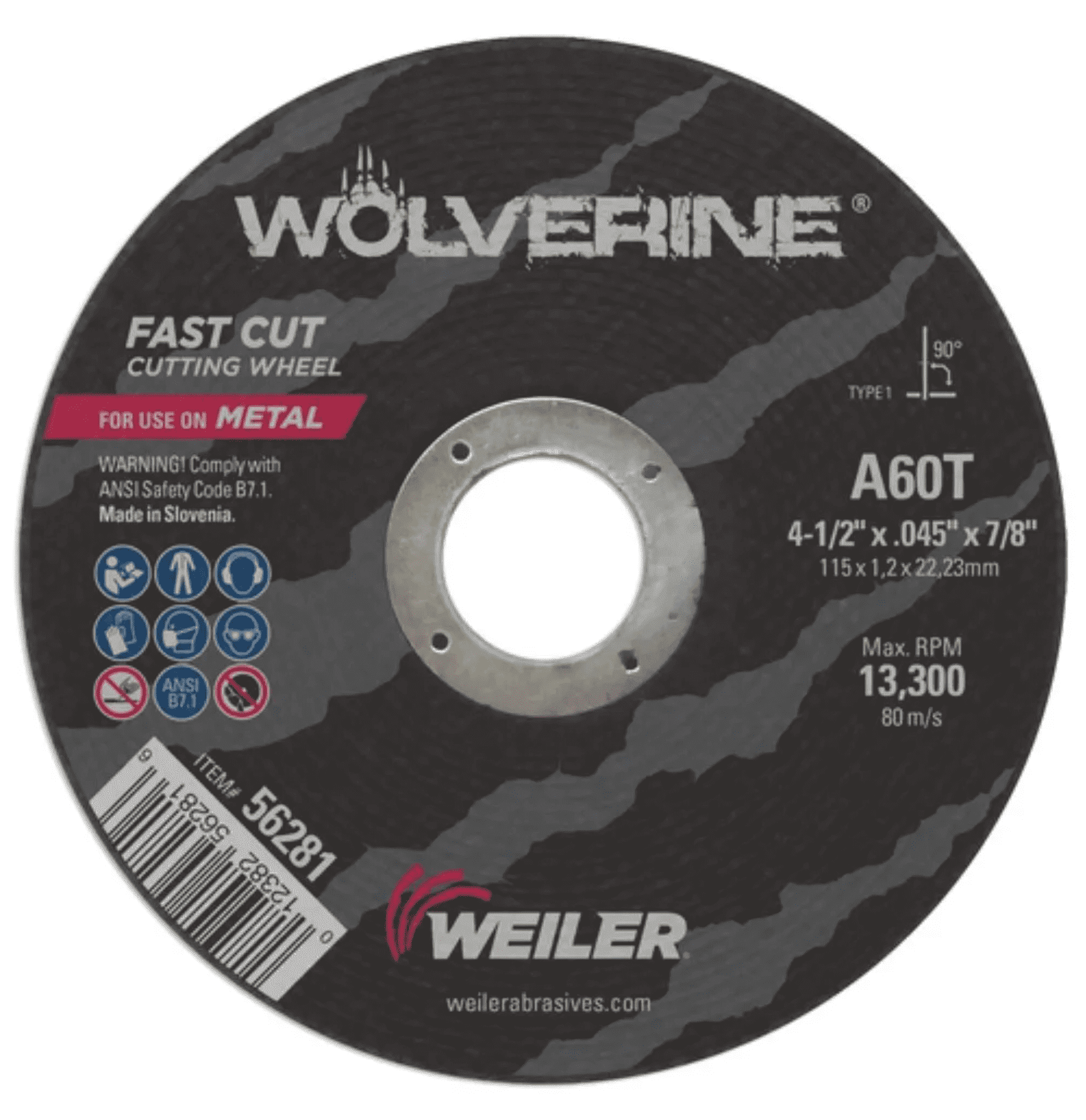 Picture of 4-1/2" x .045" Wolverine Type 1 Cutting Wheel, A60T, 7/8" Arbor Hole
