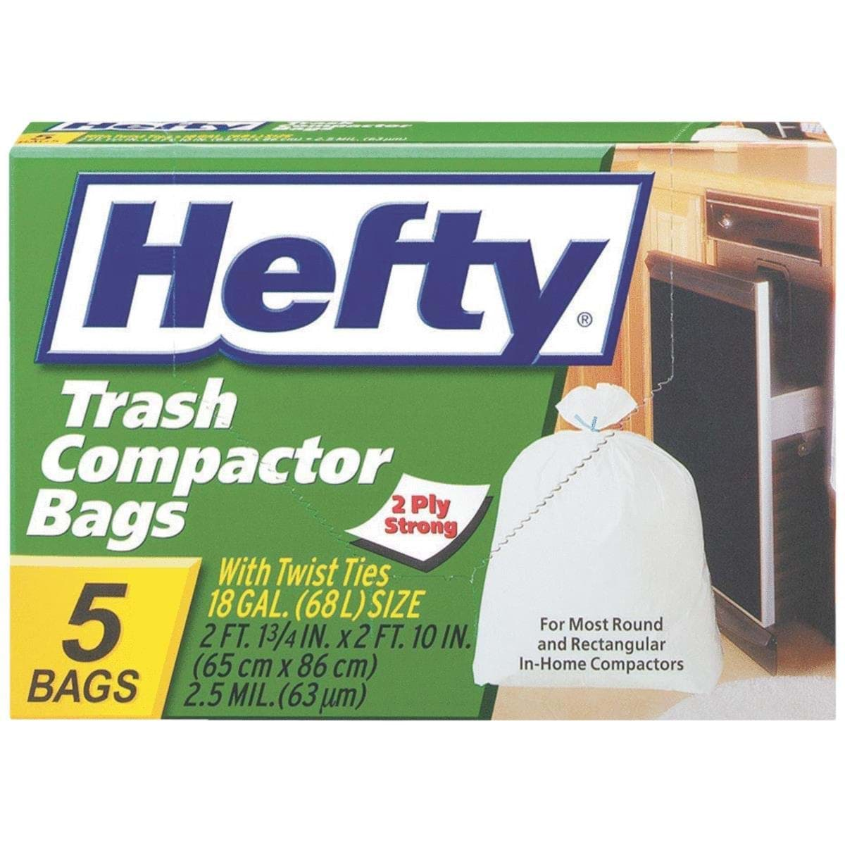 Hefty Trash Compactor Bags 18 Gallon Twist Tie [5 Bags]