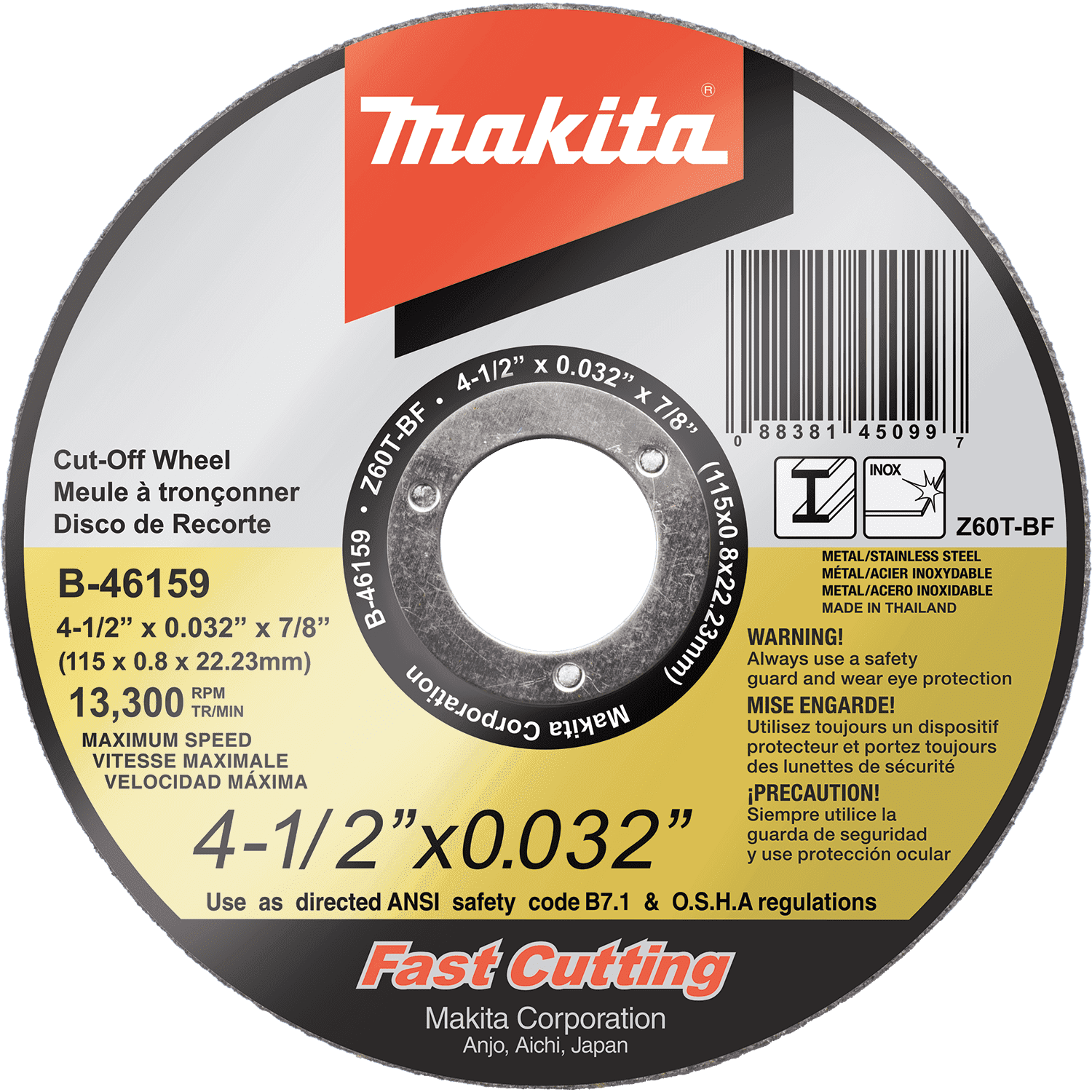 Picture of 4-1/2" x .032" x 7/8" Ultra Thin Cut-Off Wheel, Stainless