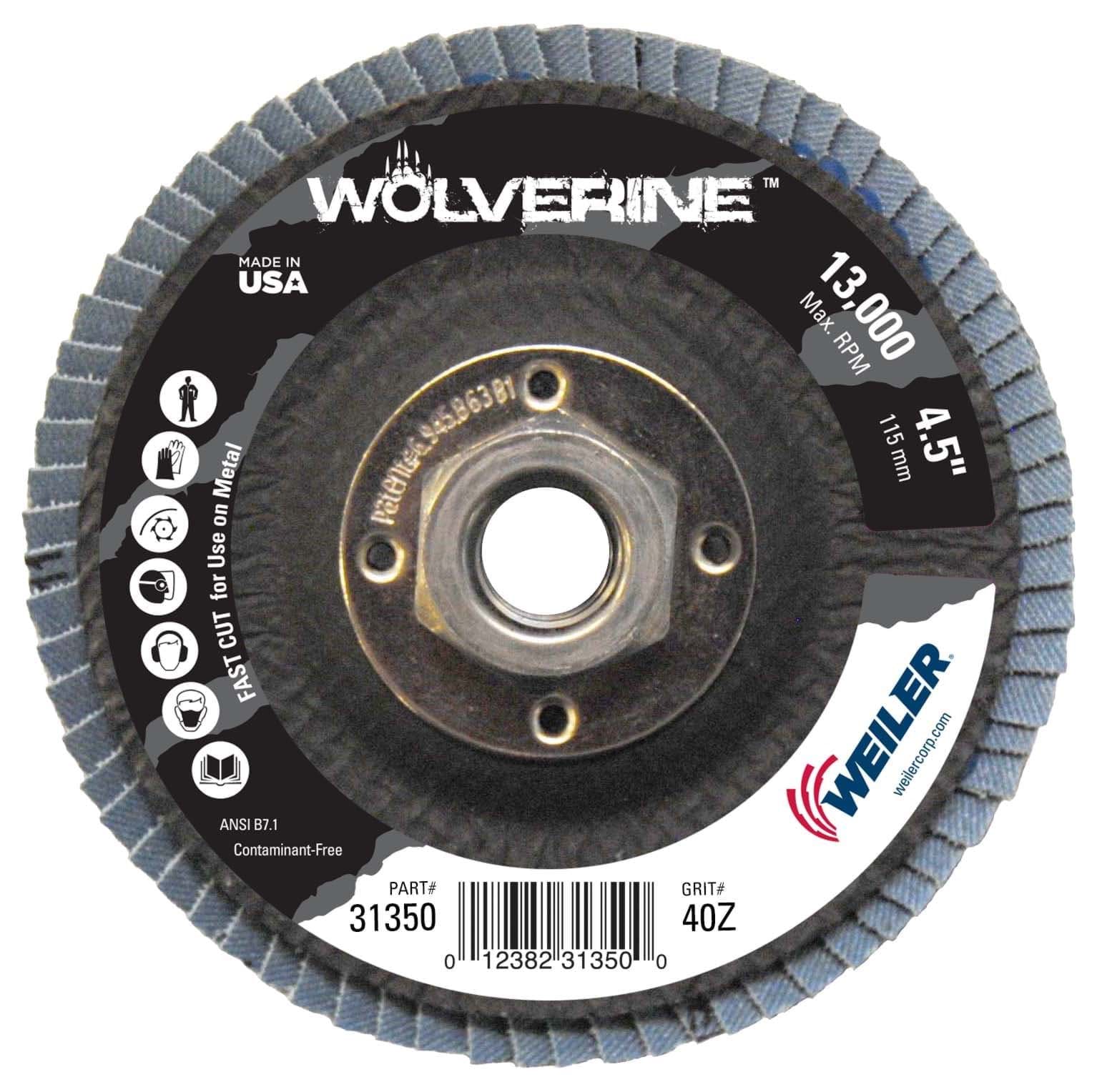 Picture of 4-1/2" Wolverine Abrasive Flap Disc, Conical (TY29), Phenolic Backing, 40Z, 5/8"-11 UNC Nut