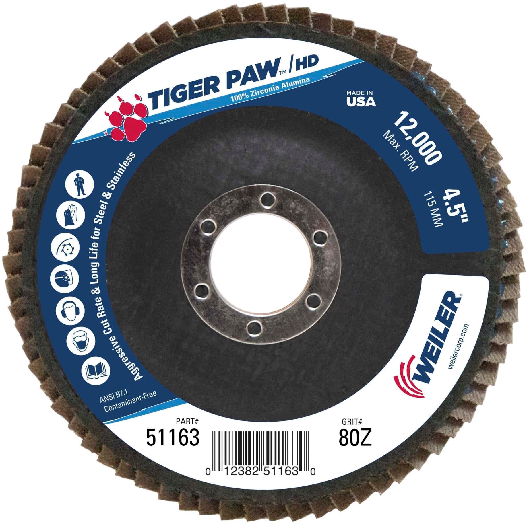 Picture of 4-1/2" Tiger Paw Super High Density Flap Disc, Flat (TY27), Phenolic Backing, 80Z, 7/8" Arbor Hole