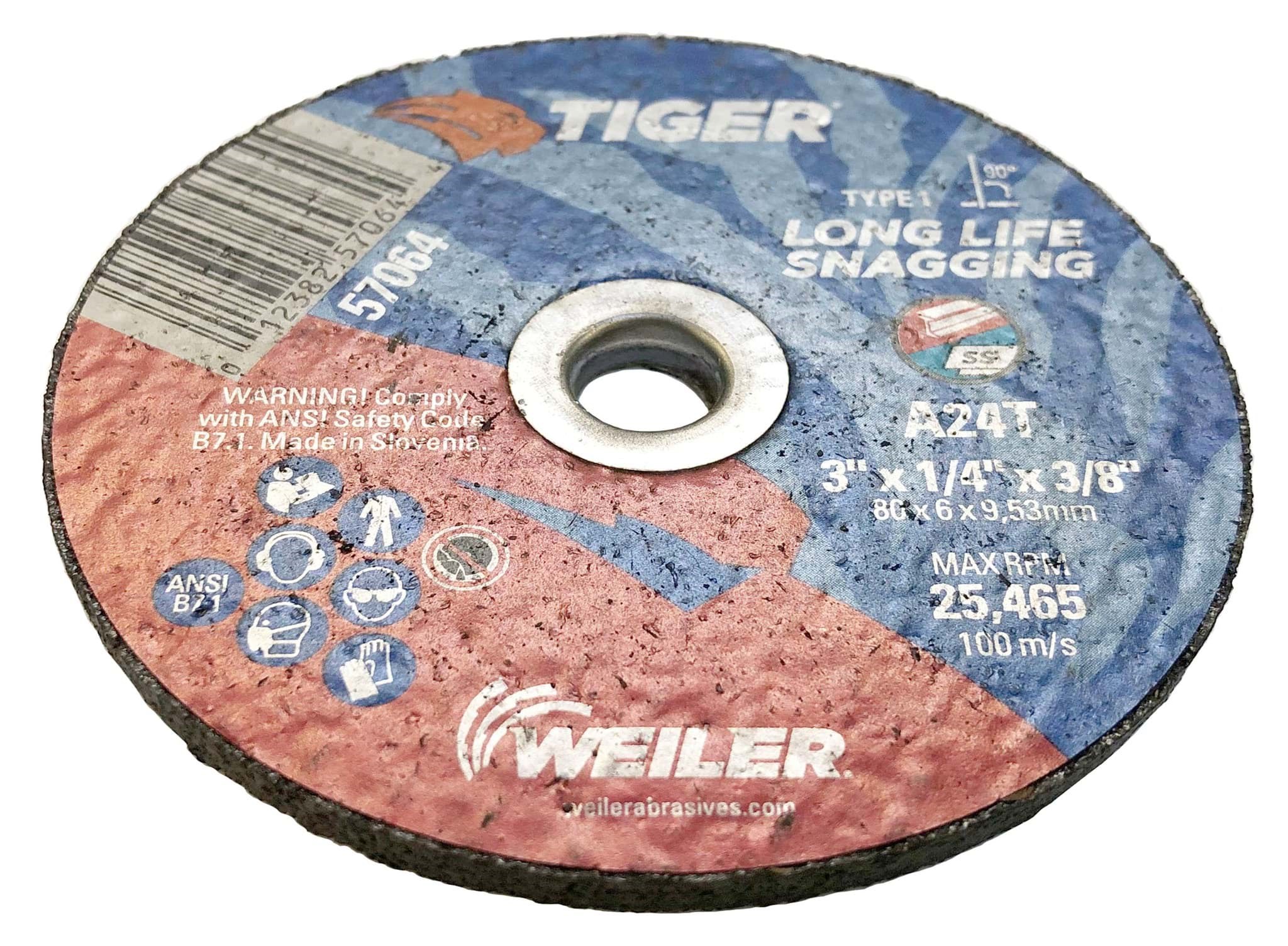 RopeSoapNDope. 3" x 1/4" TIGER AO Type 1 Snagging Wheel, A24T, 3/8