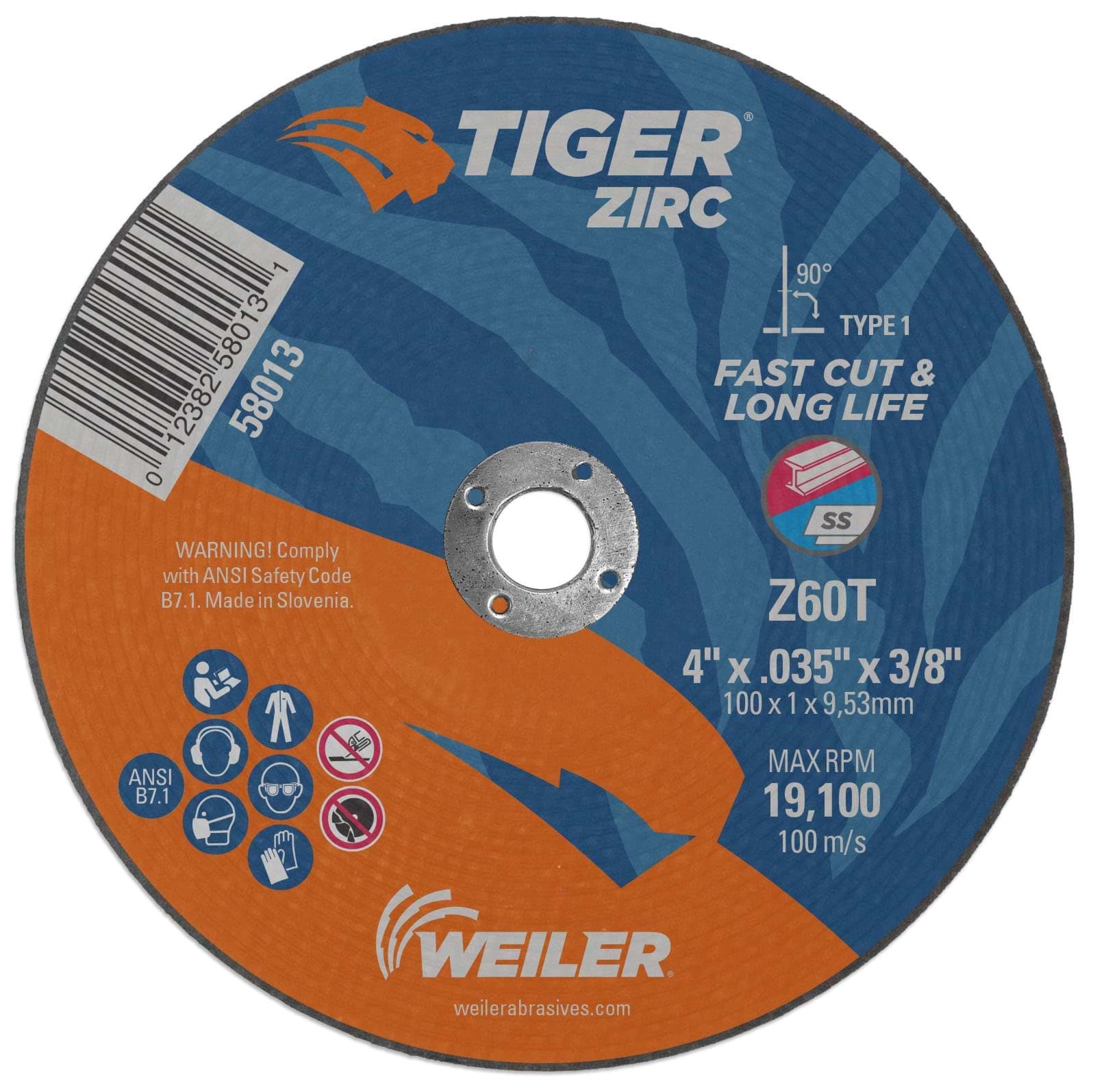 Picture of 4" x .035" Tiger Zirc Type 1 Cutting Wheel, Z60T, 3/8" Arbor Hole