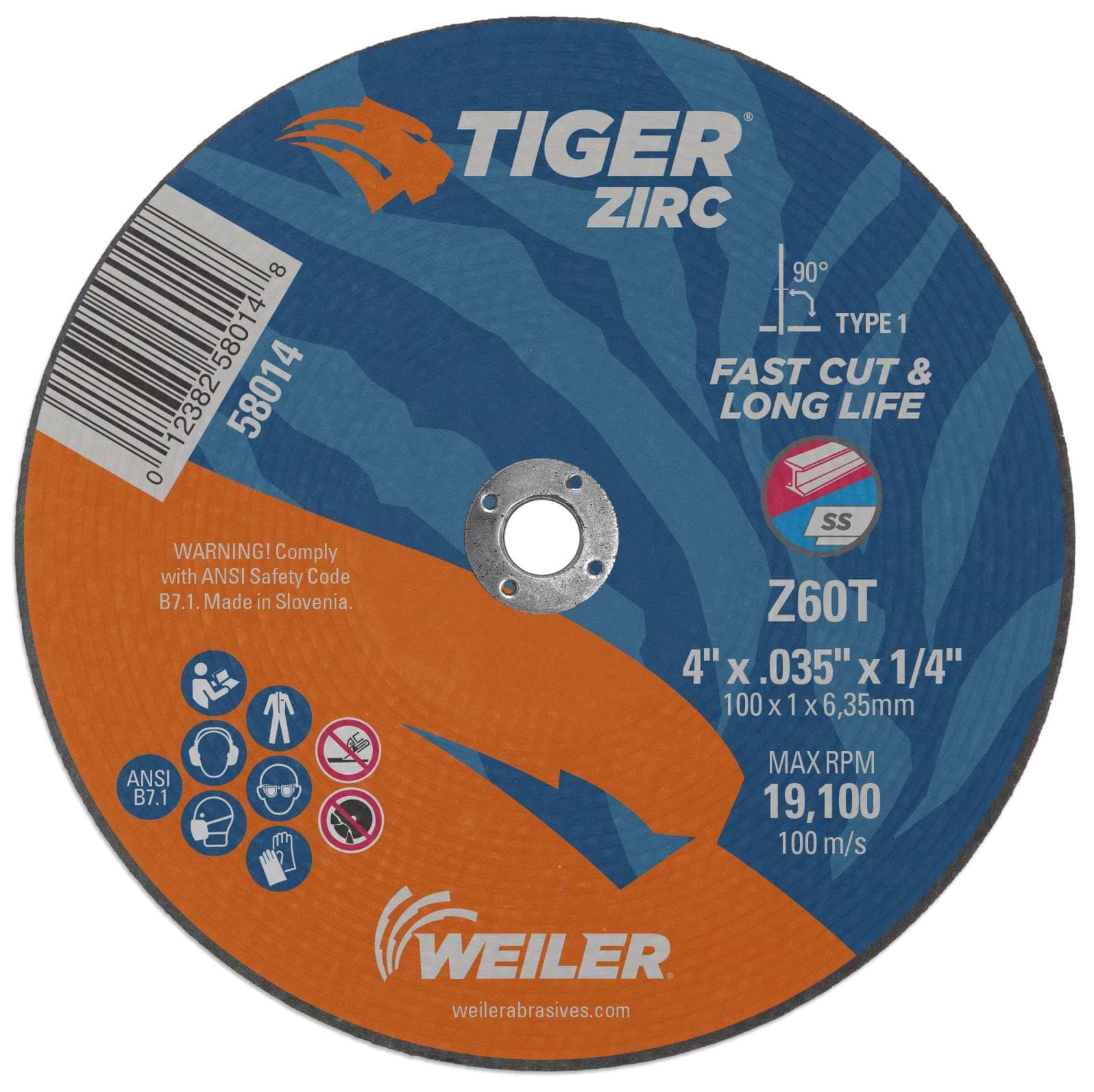 Picture of 4" x .035" Tiger Zirc Type 1 Cutting Wheel, Z60T, 1/4" Arbor Hole