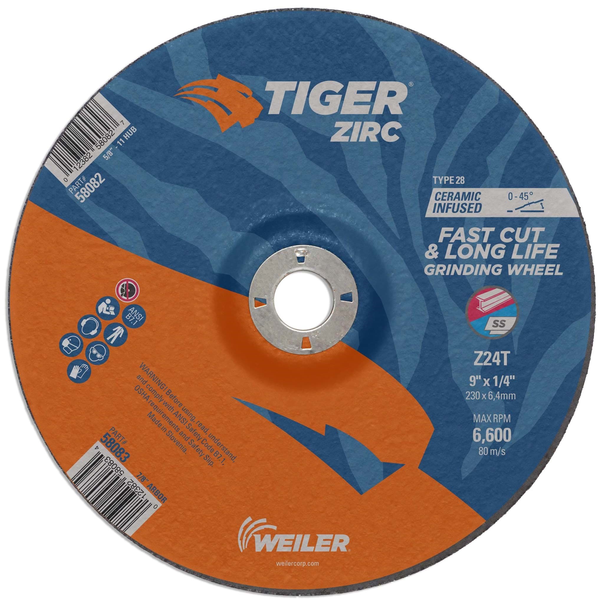 RopeSoapNDope. 9"x 1/4", TIGER ZIRC Type 28 Grinding Wheel, Z24T, 7/8