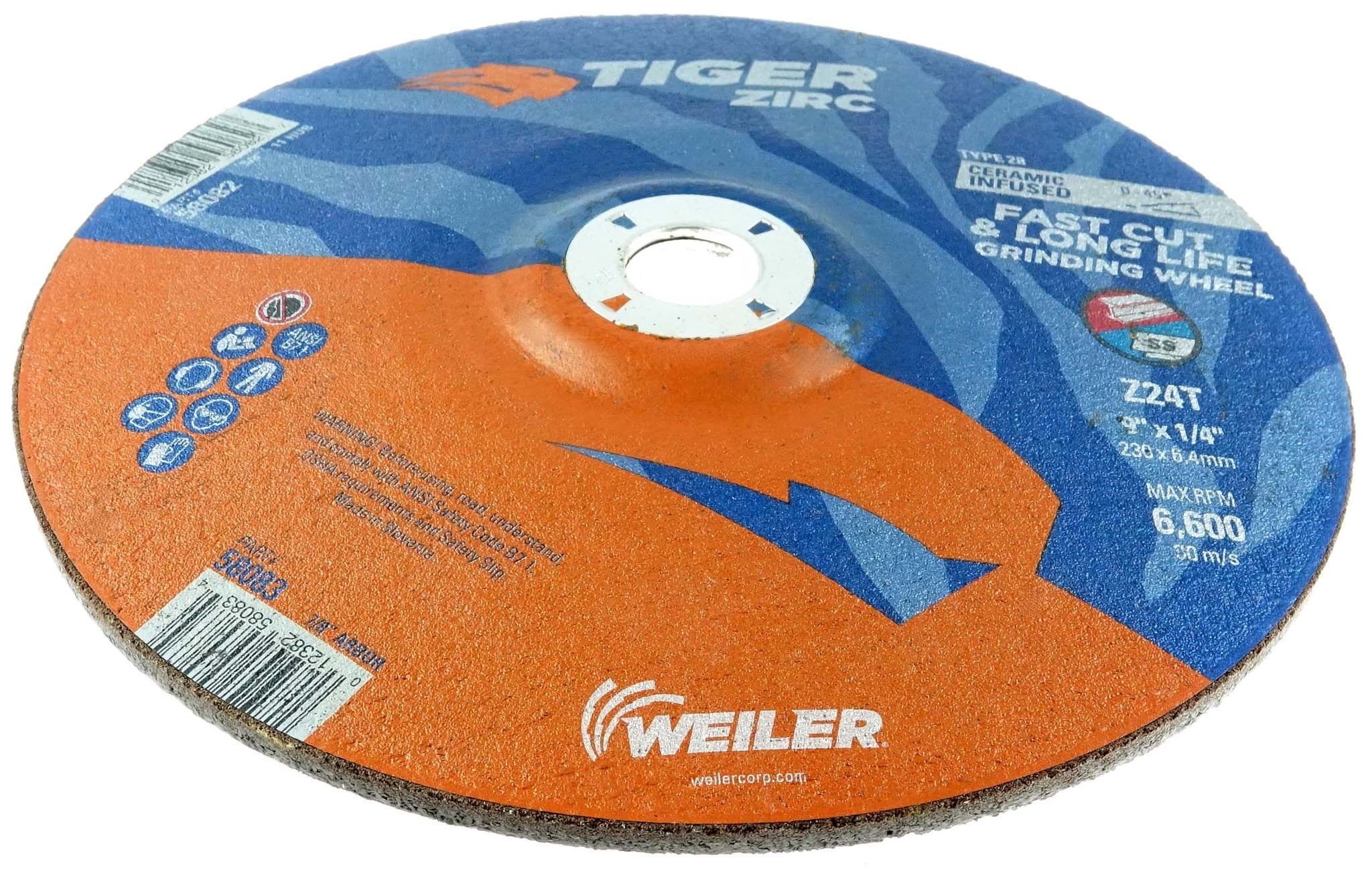 RopeSoapNDope. 9"x 1/4", TIGER ZIRC Type 28 Grinding Wheel, Z24T, 7/8