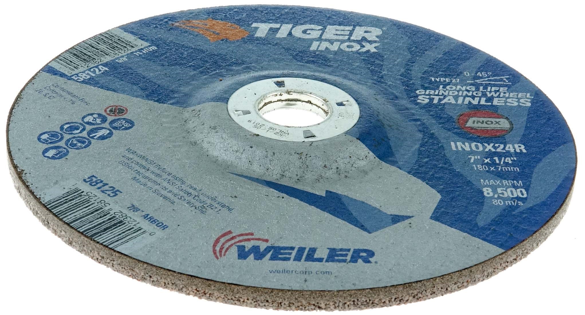 RopeSoapNDope. 7" x 1/4" TIGER INOX Type 27 Grinding Wheel, INOX24R, 7/8" Arbor Hole